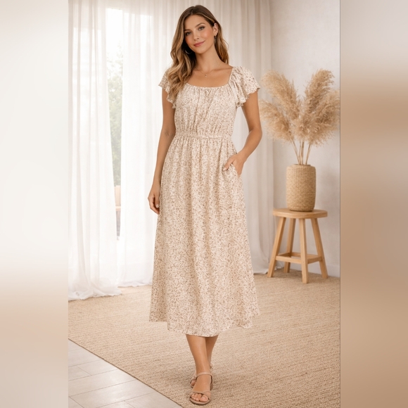 Nordstrom Dresses & Skirts - NWOT All in Favor Floral Midi Dress in Cream and Brown Sz S